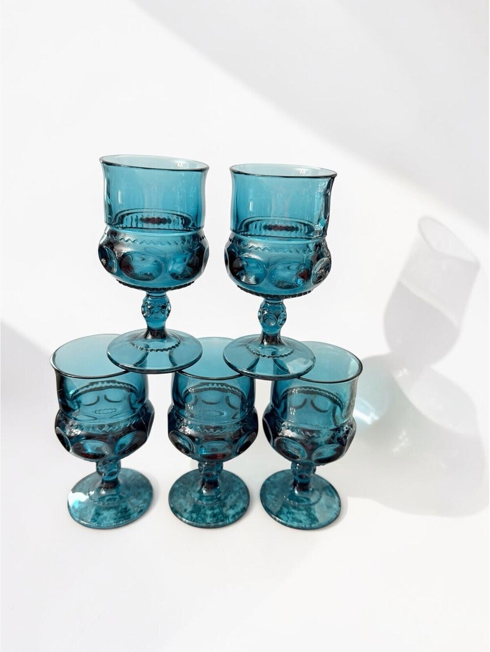 Indiana Glass Water Goblets Teal Blue King's Crown Thumbprint Stemmed 5.5" set 5